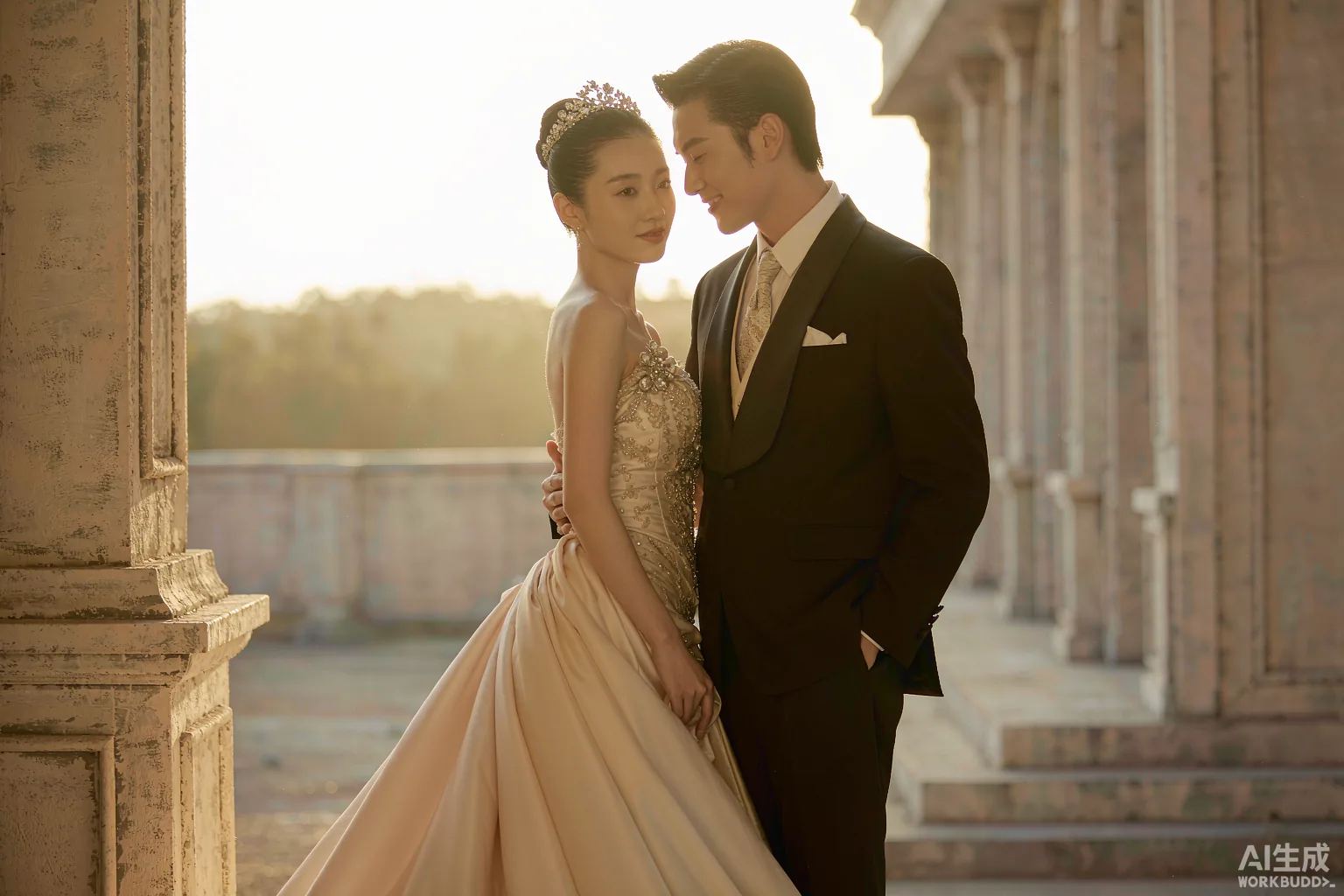 AI 生成的高定婚纱照样片